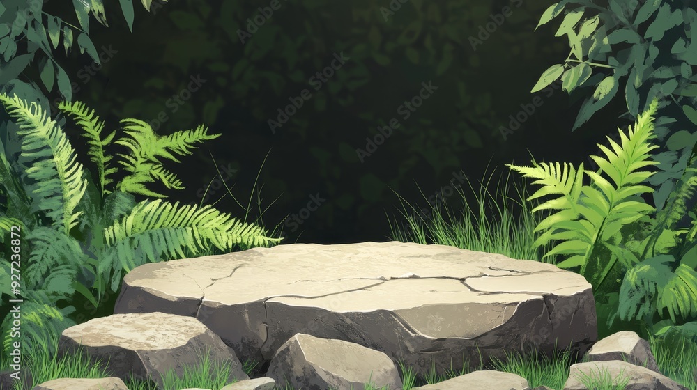 Poster a large stone platform surrounded by vibrant green ferns and foliage, creating a natural and invitin