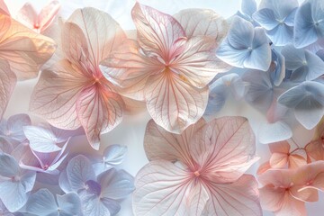 Fototapeta premium Delicate pastel flowers arranged artistically on a light background, showcasing soft pink and blue hues