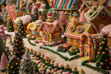 Fototapeta premium A close-up of a gingerbread village with intricate details, colorful candies, and festive decorations