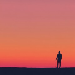 Fototapeta premium A lone golfer stands silhouetted against a stunning sunset, symbolizing the end of a day, the pursuit of a hobby, the beauty of nature, the calm before a challenge, and the determination of a player.