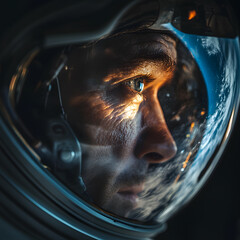 A detailed close-up of an astronaut's face, where the helmet visor reflects the Earth. The image highlights the awe-inspiring view of our planet from space