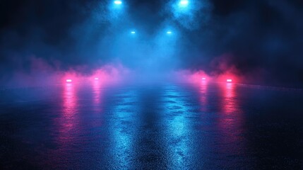 Fototapeta premium Neon lights and fog reflect on wet ground. Use for cyberpunk, fantasy, or sci-fi themes.