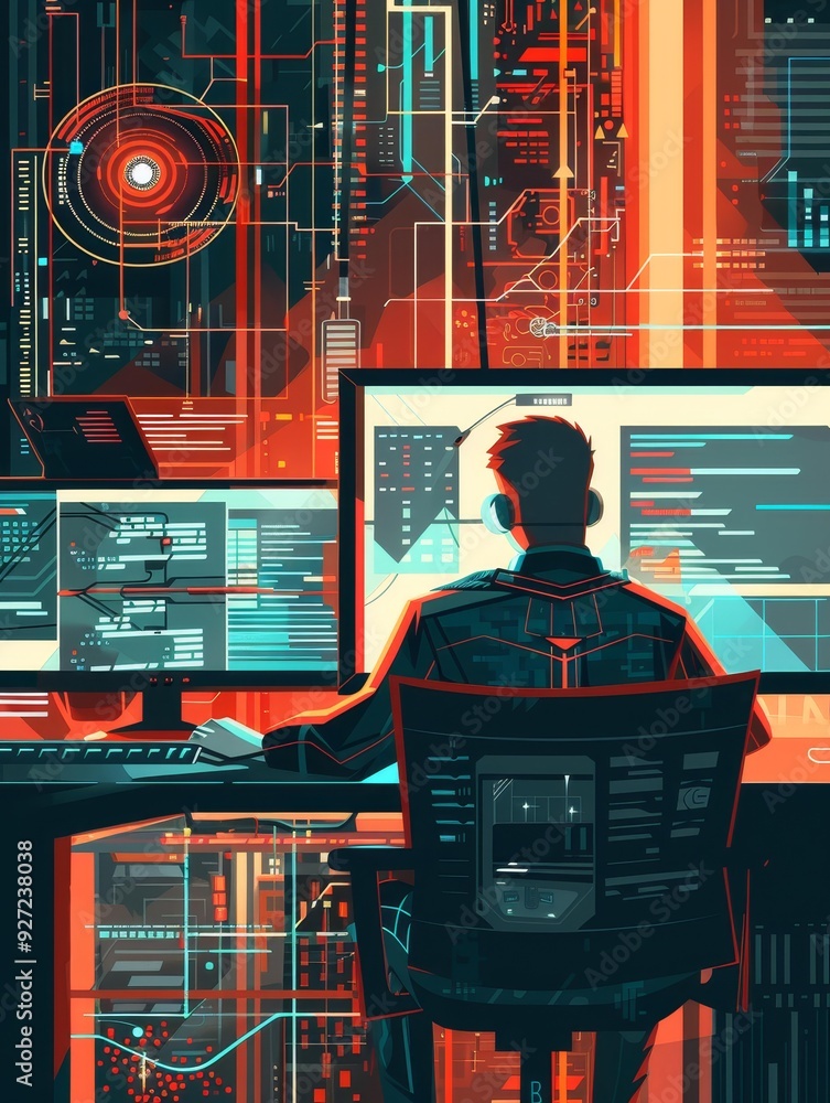 Poster a person sits at a desk in front of a computer screen, surrounded by a digital world. the concept sy