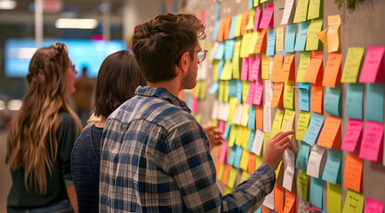 Three People Looking at a Wall Covered in Colorful Sticky Notes, Photo
