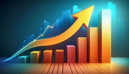 3D Illustration of Economic Growth with Rising Bar Graphs and Arrow

