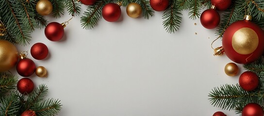 Christmas frame of spruce, red and gold decorations on white background. Copy space. New Year lights. Flat lay
