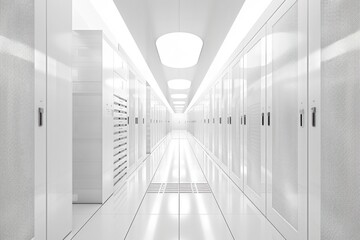 Modern data center corridor with white cabinets and bright lights, showcasing a clean and organized atmosphere