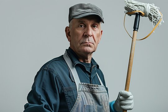 An elderly man in a blue work shirt and overalls holds a mop while looking directly at the camera.