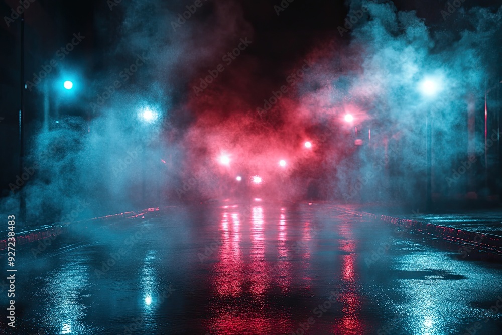 Poster empty street with smoke and lights. perfect for projects requiring a mysterious and moody tone.