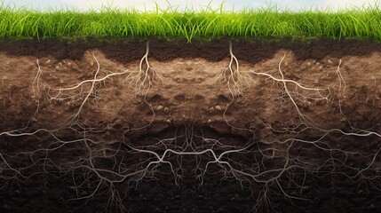 A vector graphic showing a cross-section of soil with grass growing on top, detailing the roots and earth layers beneath a lush green surface.