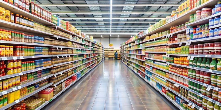 Supermarket aisle with various products on shelves , grocery, shopping, retail, products, store, aisle