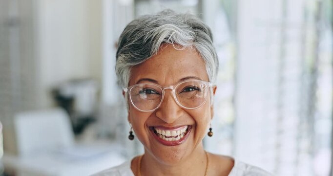 Glasses, shopping and happy senior woman face with check and optometrist with eye test. Decision, customer and store with prescription eyewear and lens with client frame choice and smile at a shop