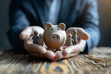 A person's hands are holding a ceramic piggy bank and small figurines representing a family. The figures are standing in front of the piggy bank
