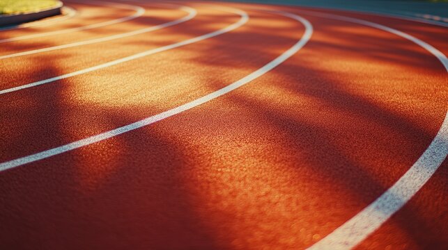 A red running track with white lines, illuminated by sunbeams, symbolizing  athleticism, competition, perseverance,  achievement, and  opportunity.