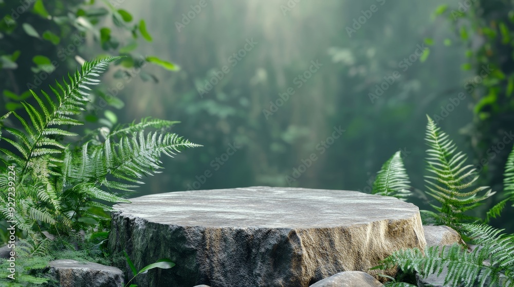 Poster a rustic stone tabletop surrounded by vibrant green ferns and foliage, illuminated by sunlight filte