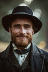 A man with a beard smiles at the camera while wearing a black hat and coat