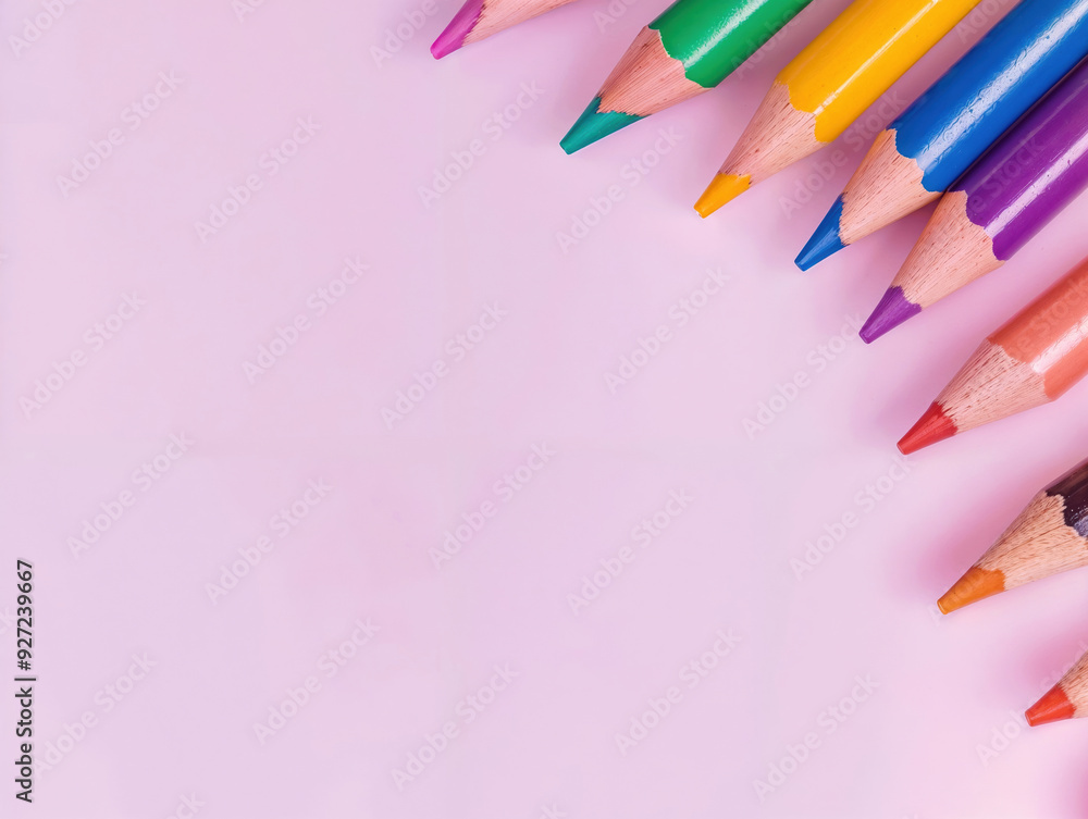 Poster row of colored pencils forming a border diagonal on a pink background with copy space