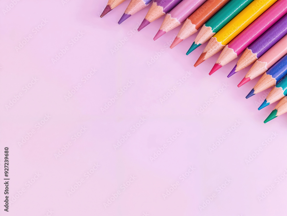 Poster row of colored pencils is arranged on a pink background, creating a diagonal line with copy space
