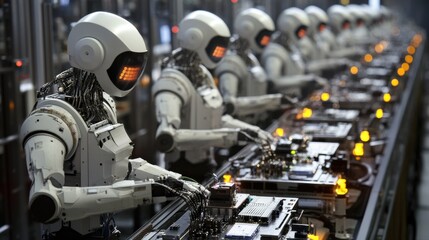 Fototapeta premium Automated Assembly Line with Robots Producing Electronic Components in Factory Setting