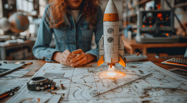 Rocket Launch Illustration on Blueprint - Space Exploration Concept