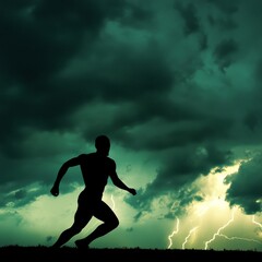 A silhouette of a man running through a stormy sky with lightning striking behind him. This image represents speed, strength, and resilience in the face of adversity.