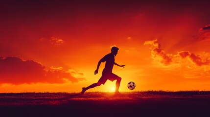 A silhouette of a soccer player kicking the ball with a sunset in the background, symbolizing passion, determination, athleticism, goal, and victory.