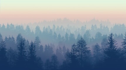 Obraz premium A vector top view of a forest during a foggy morning, with the tops of the trees slightly obscured by mist and a large, empty area for text on the side.