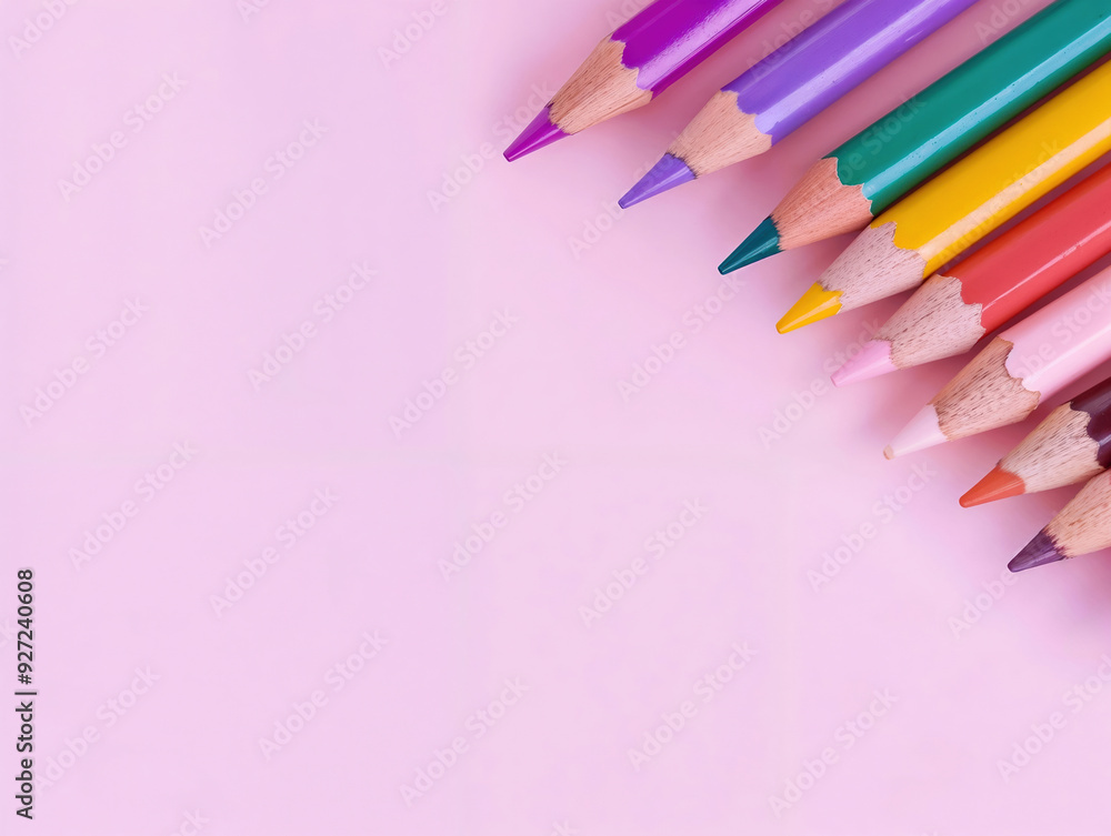 Poster set of colored pencils forming a diagonal line on a pink background with copy space