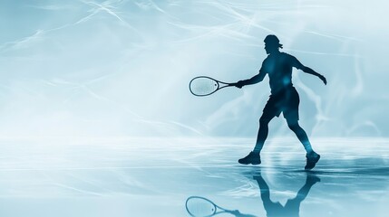 Fototapeta premium A silhouette of a tennis player with a racket in hand, showcasing determination, skill, and the sport's dynamic nature. The blue background creates a sense of speed and movement.