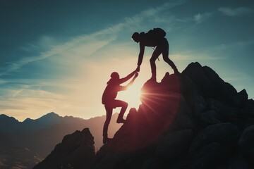 Silhouette of one person assisting another up a rocky mountain at sunrise, depicting teamwork and unity