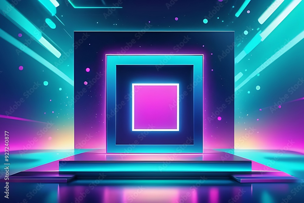 Poster a neon colored neon square with a pink background. the square is lit up and he is a part of a larger