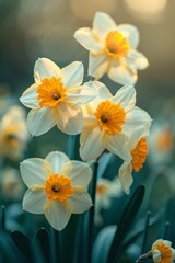 Naklejka premium Daffodils with white petals and yellow centers are in full bloom