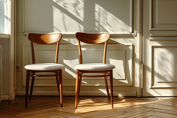 Pair of Mid-Century Modern Wooden Chairs Against Sunlit Paneled Wall