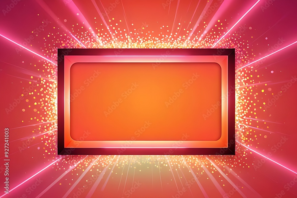 Poster a bright orange neon frame with a black border. the frame is empty and has a lot of sparkles around 