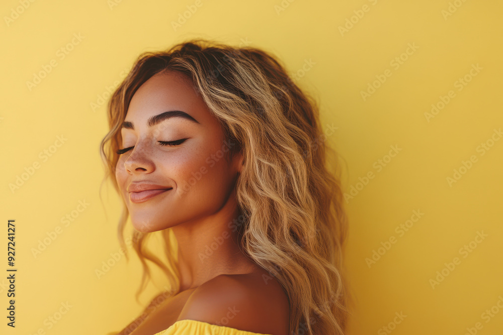 Wall mural a close up of a woman's face with her eyes closed and long blond hair