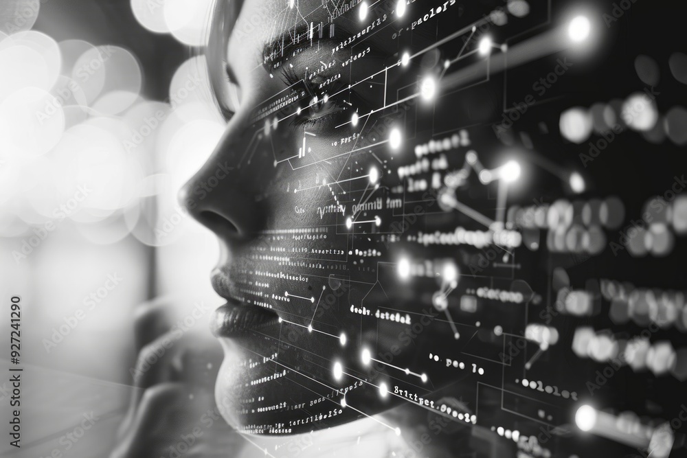 Poster a woman's profile is overlaid with a digital network pattern of code and lines
