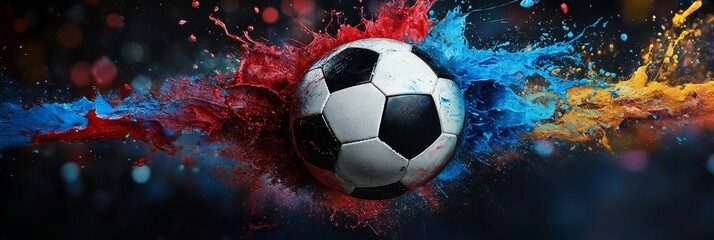 Fototapeta premium A soccer ball bursts through a vibrant explosion of red, blue, and yellow paint, symbolizing the power, energy, and passion of the sport.