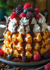 Delicious stack of waffles topped with berries and chocolate sauce. A towering stack of waffles drizzled with chocolate and topped with fresh berries.