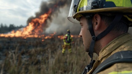Naklejka premium Heroic firefighter: brave fireman demonstrating courage, determination in face of danger, embodying strength, dedication required to protect lives, property during critical emergency situations.