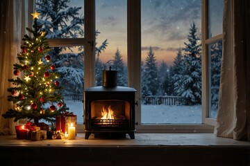 Christmas window sill and fireplace, copy space,