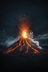 Volcanic lightning flashing through the black cloud and ash during a violent explosion