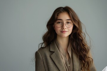Obraz premium Portrait of a young woman wearing round glasses and a brown blazer, looking at the camera.