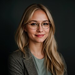 Obraz premium Smart Lady Wearing Glasses Beams Serenely Against Dark Background 