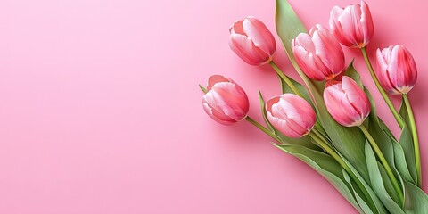 Obraz premium A bouquet of fresh pink tulips arranged neatly on a pastel pink background, evoking a sense of springtime and freshness.