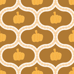 Pumpkin damask seamless pattern. Autumn harvest retro repeat background. Vector hand drawn flat illustration.