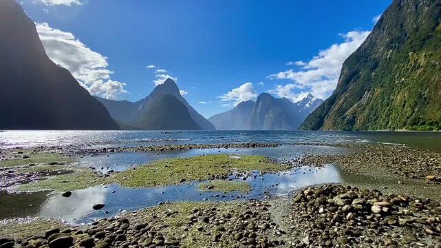 Views of the Mitre Peak at The Milford Sound, Southland, New Zealand