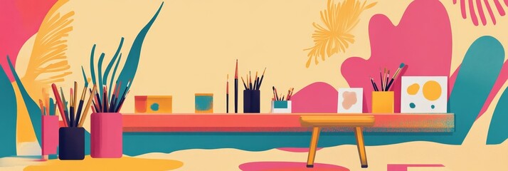 Obraz premium A vibrant art studio workspace with a wooden table, colorful paintbrushes, and paint containers, symbolizing creativity, artistic expression, and the joy of painting.