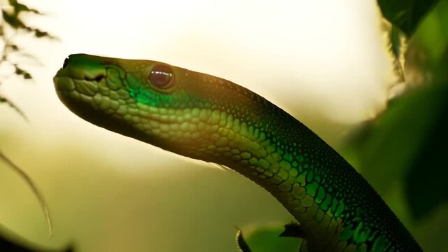 Green tree python in lush rainforest during the evening