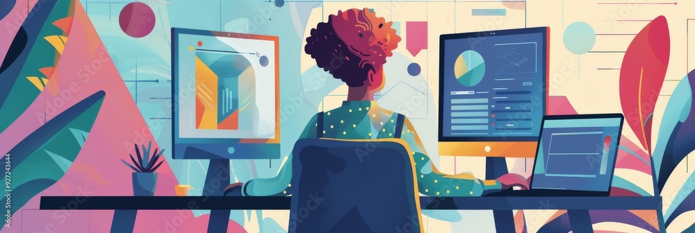 Poster a woman sits at a desk in front of a computer, analyzing data. she is surrounded by colorful abstrac