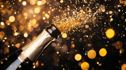 Champagne Celebration:  A bottle of champagne explodes with golden effervescence against a backdrop of shimmering lights, capturing the joyous spirit of celebration and success. 